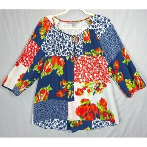 Valerie Stevens Patchwork Floral Blouse Women PL Tie Neck 3/4 Sleeve Boho Chic